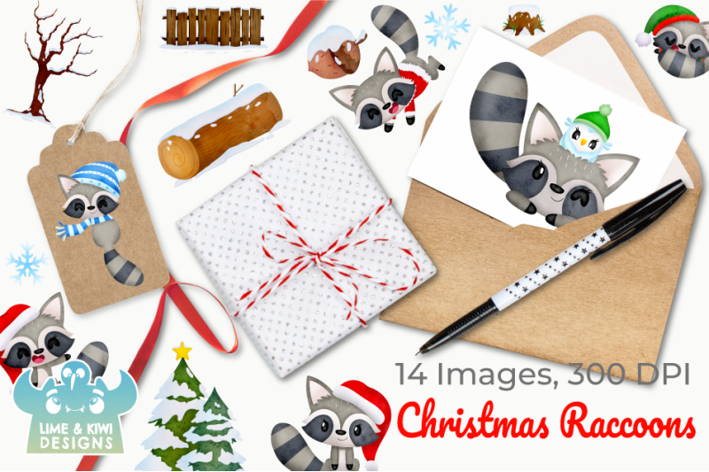 christmas-raccoons-watercolor-clipart-instant-download