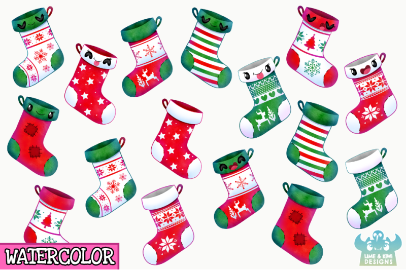 christmas-stockings-watercolor-clipart-instant-download
