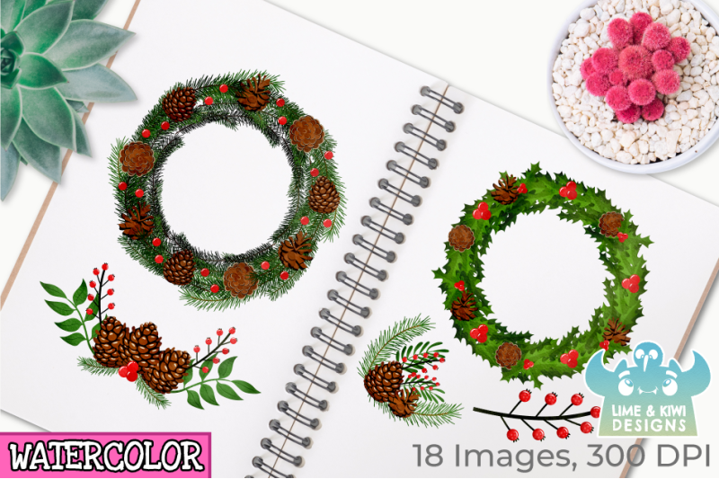 christmas-wreaths-watercolor-clipart-instant-download