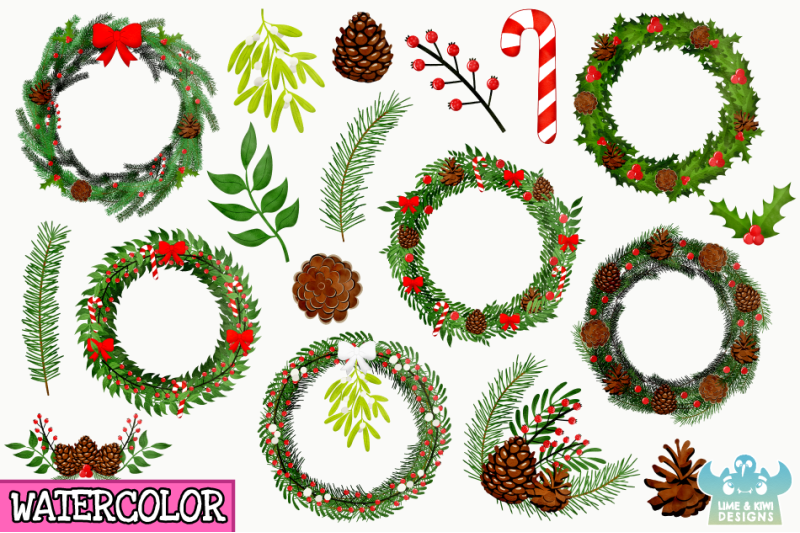 christmas-wreaths-watercolor-clipart-instant-download