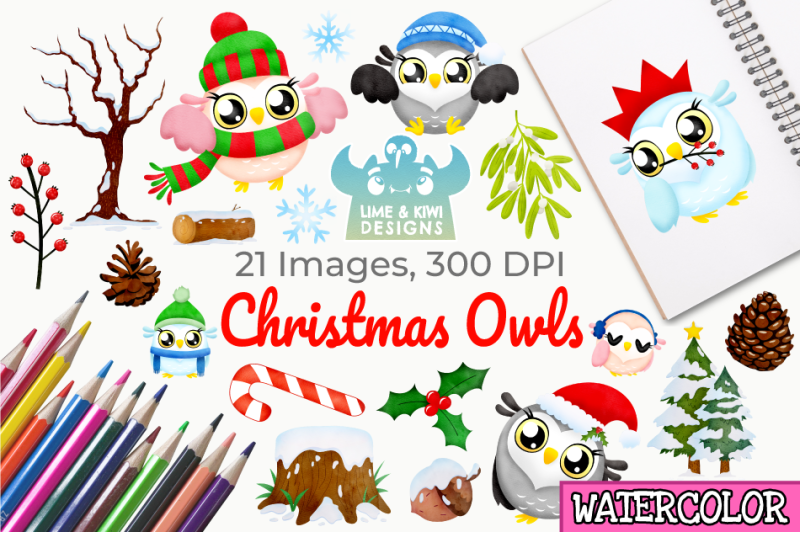 christmas-owls-watercolor-clipart-instant-download