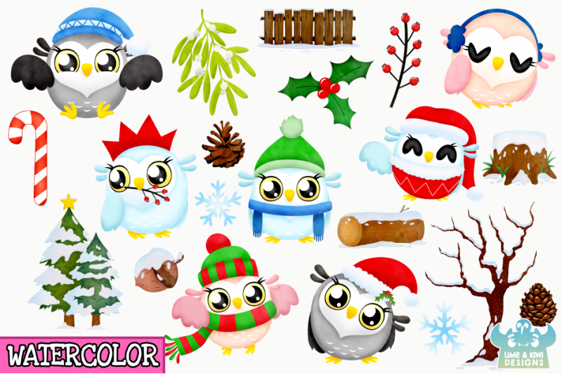 christmas-owls-watercolor-clipart-instant-download