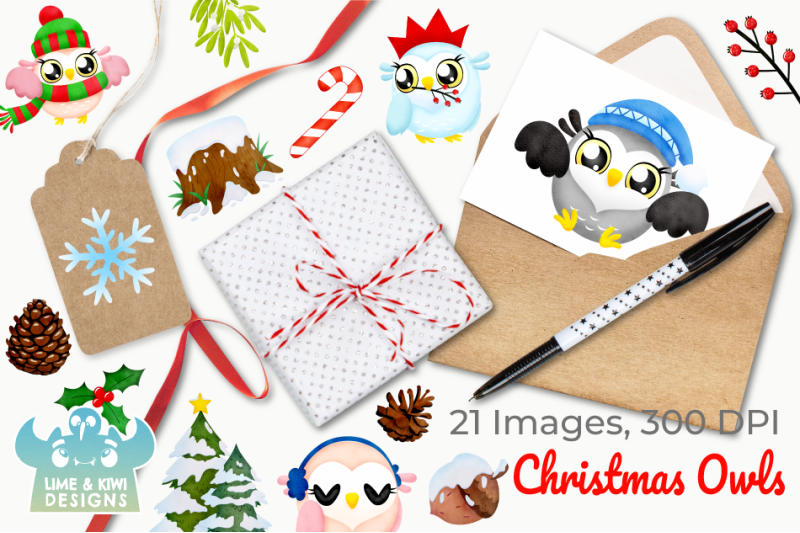 christmas-owls-watercolor-clipart-instant-download