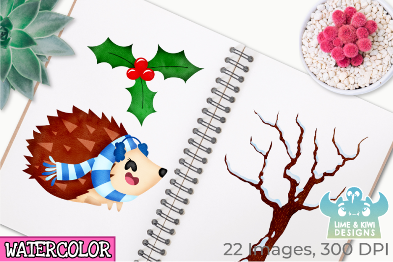 christmas-hedgehogs-watercolor-clipart-instant-download