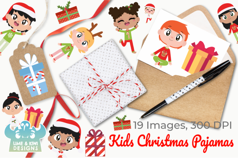 Kids Christmas Pajamas Clipart, Instant Download Vector Art By Lime and