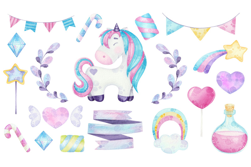 watercolor-cute-unicorn-clipart-illustrations-with-magical-elements