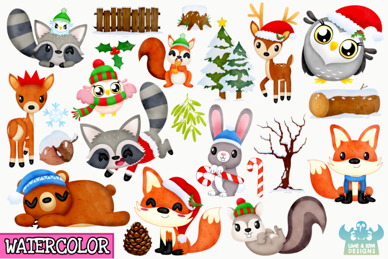 christmas-woodland-animals-watercolor-clipart