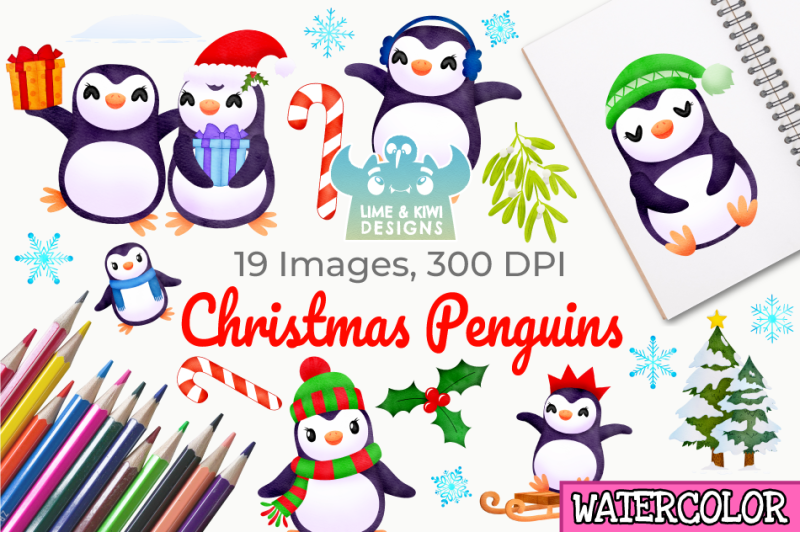 christmas-penguins-watercolor-clipart-instant-download