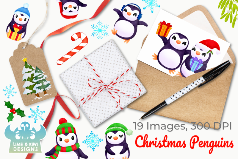 christmas-penguins-watercolor-clipart-instant-download