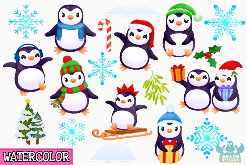 christmas-penguins-watercolor-clipart-instant-download