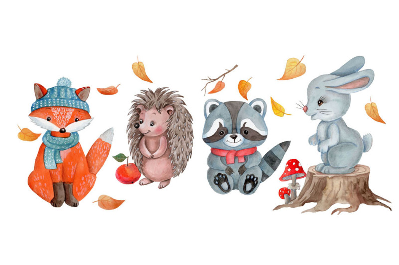 woodland-collection-of-cute-cartoon-watercolor-wild-animals