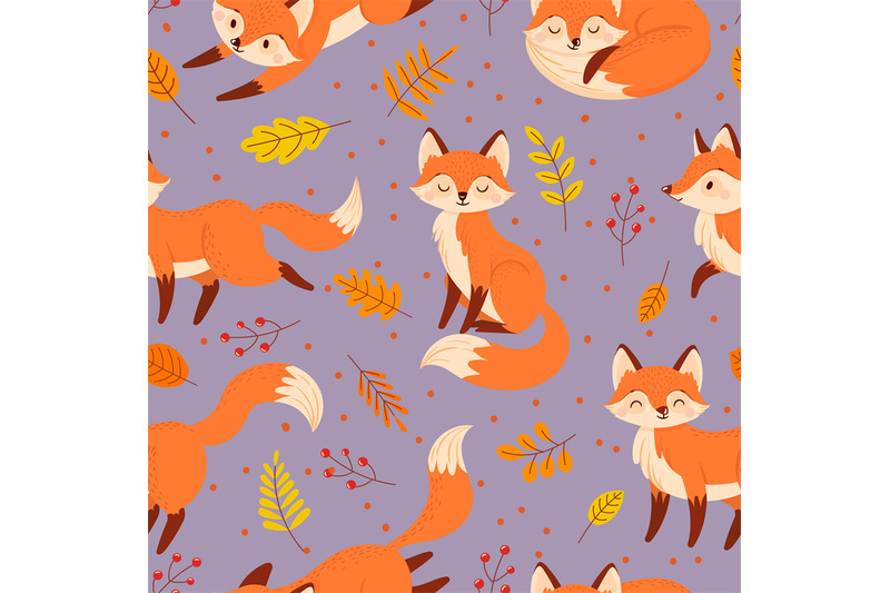 seamless-foxes-pattern-autumn-fox-cute-orange-animal-cartoon-vector