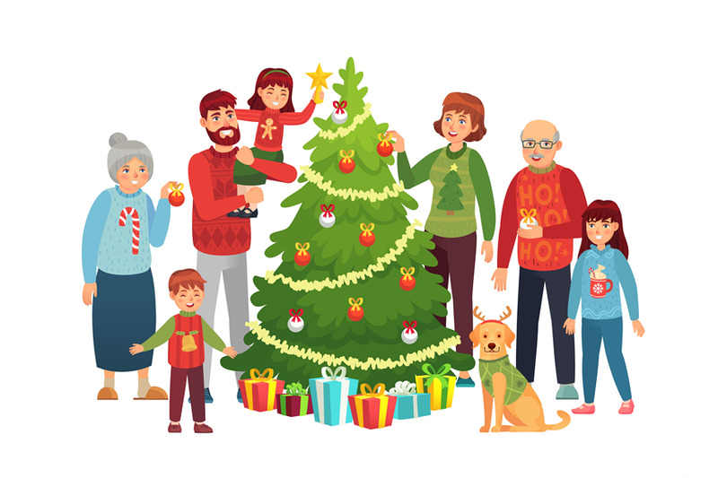 cartoon-christmas-family-portrait-xmas-tree-decorations-happy-people