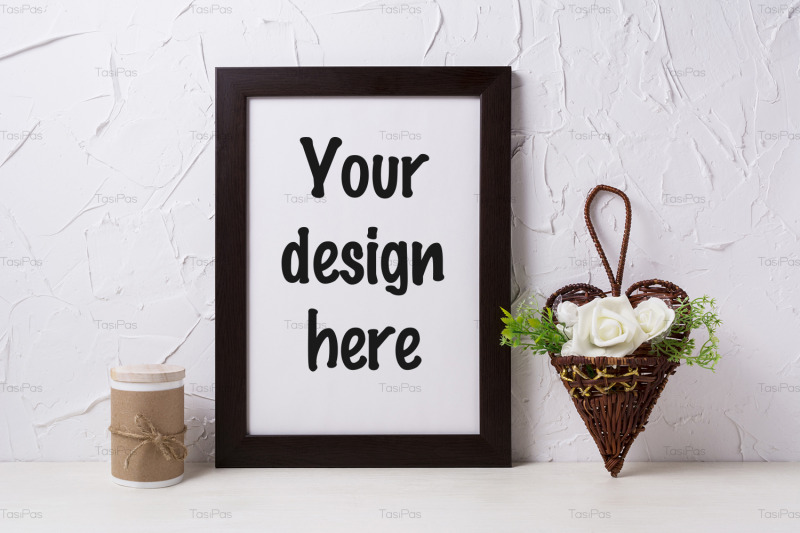 black-brown-poster-frame-mockup-with-roses-in-wicker-flower-pot