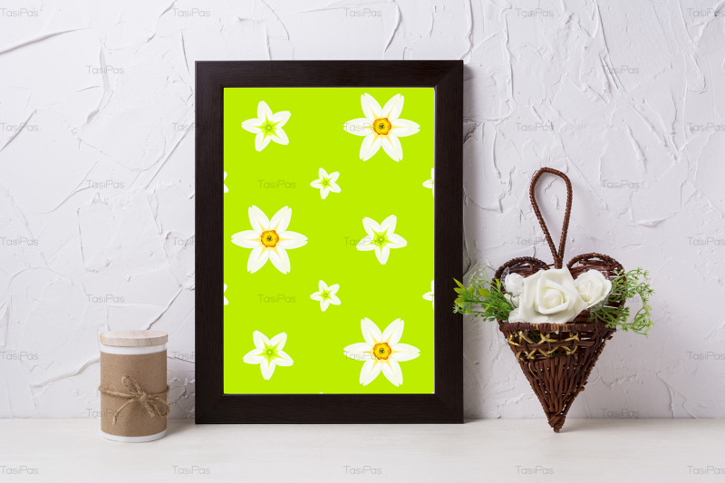 black-brown-poster-frame-mockup-with-roses-in-wicker-flower-pot