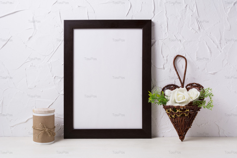 black-brown-poster-frame-mockup-with-roses-in-wicker-flower-pot