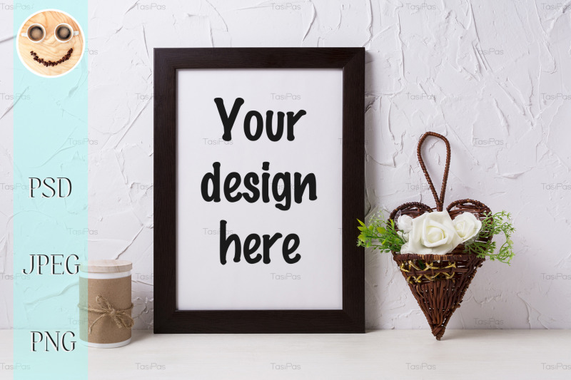 black-brown-poster-frame-mockup-with-roses-in-wicker-flower-pot