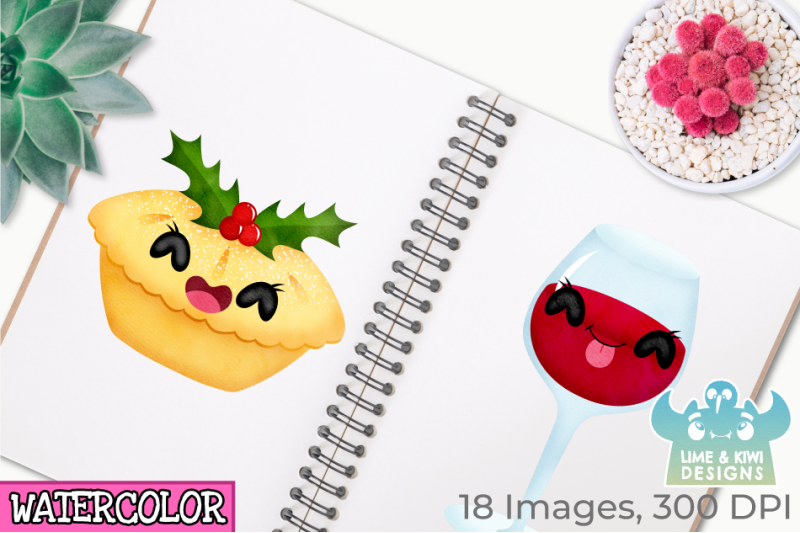 cute-christmas-dinner-watercolor-clipart-instant-download