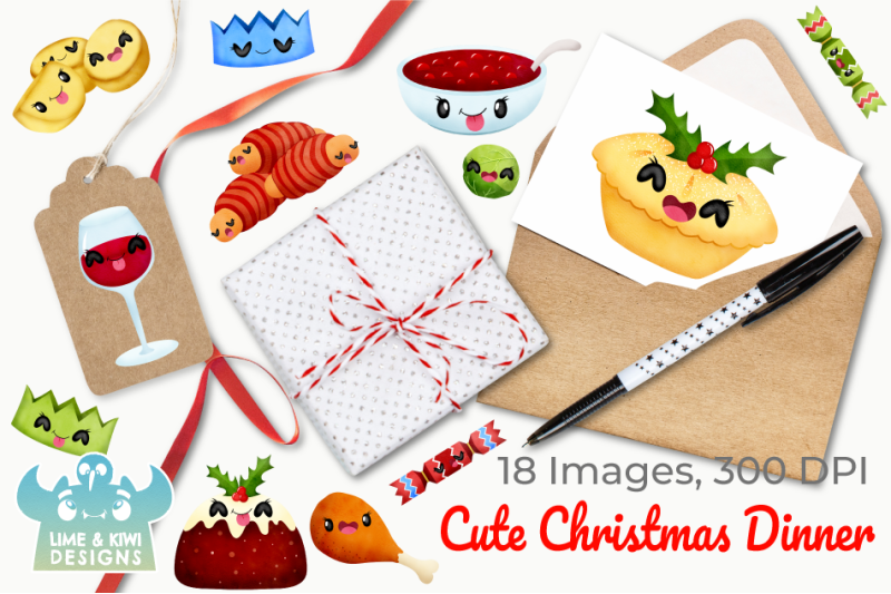 cute-christmas-dinner-watercolor-clipart-instant-download