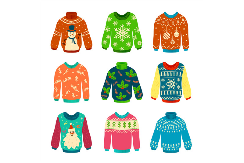 ugly-sweater-knitted-jumpers-with-christmas-patterns-snowman-and-san