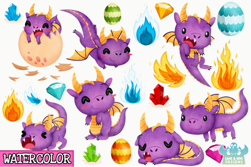 purple-dragons-watercolor-clipart-instant-download