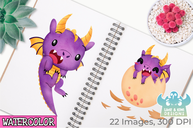 purple-dragons-watercolor-clipart-instant-download