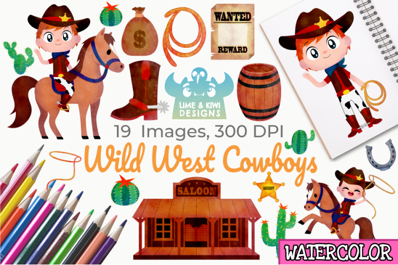 wild-west-cowboys-watercolor-clipart-instant-download