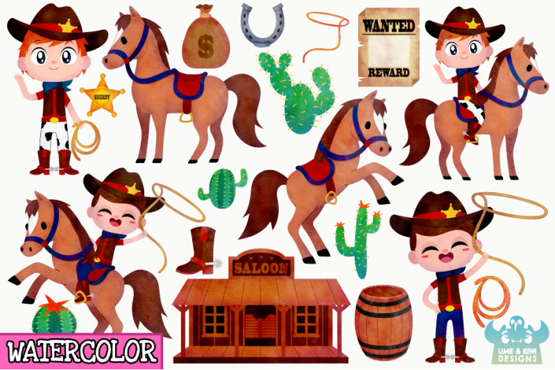 wild-west-cowboys-watercolor-clipart-instant-download