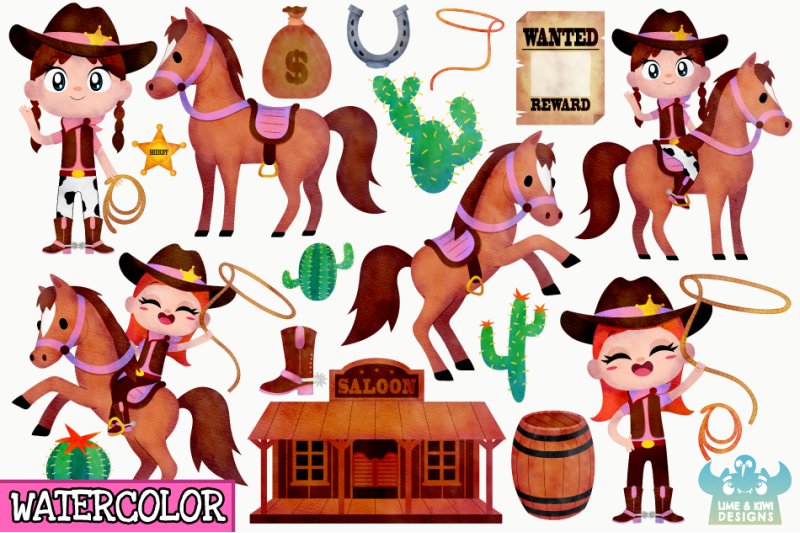 wild-west-cowgirls-watercolor-clipart-instant-download