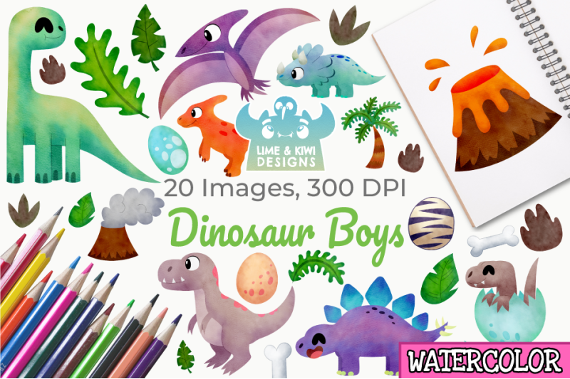 dinosaur-boys-watercolor-clipart-instant-download