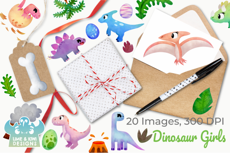 dinosaur-girls-watercolor-clipart-instant-download