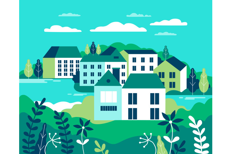 village-landscape-flat-vector-illustration