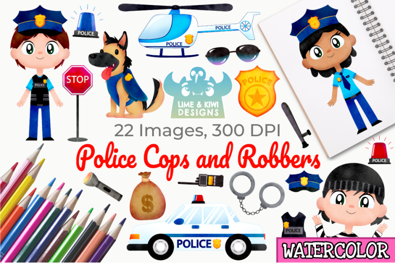 police-cops-and-robbers-watercolor-clipart-instant-download
