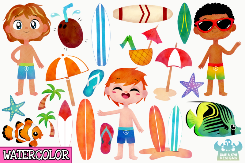 tropical-surfer-boys-watercolor-clipart-instant-download