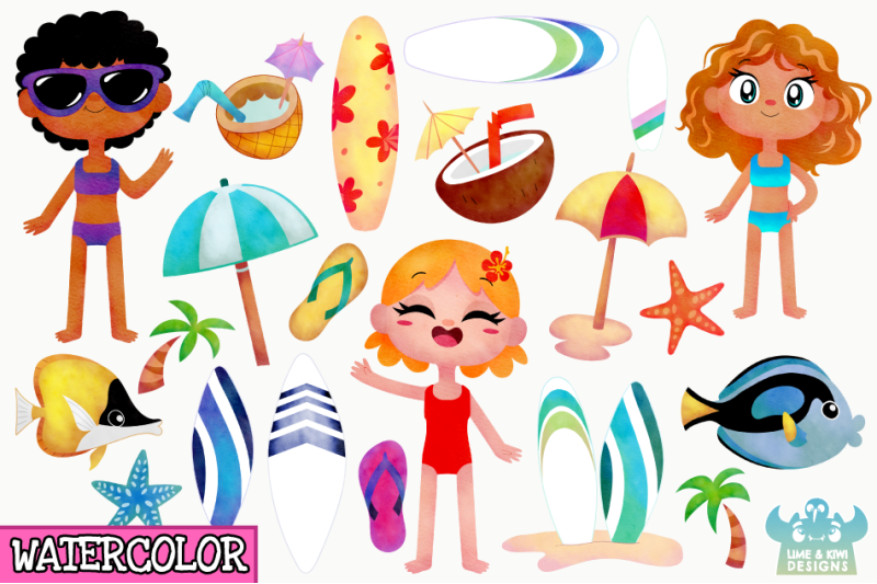 tropical-surfer-girls-watercolor-clipart-instant-download