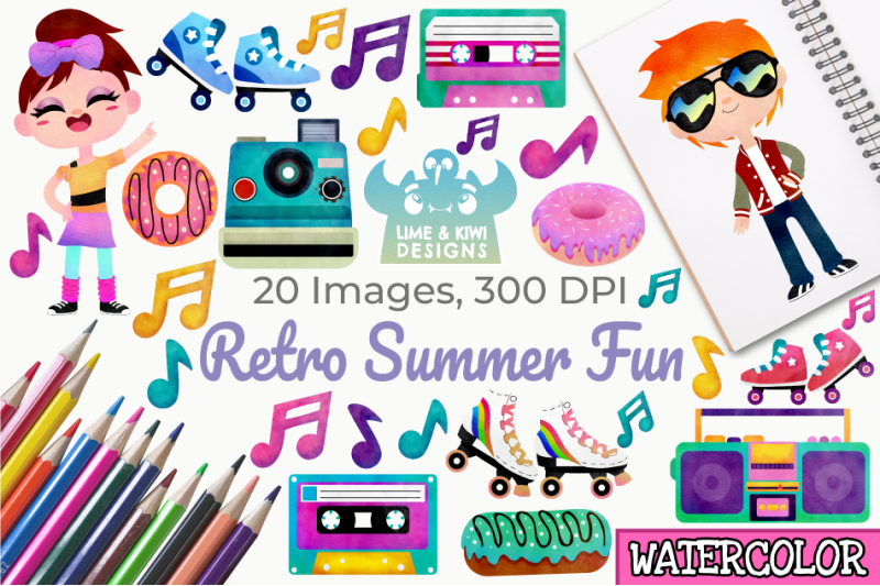 retro-summer-fun-watercolor-clipart-instant-download