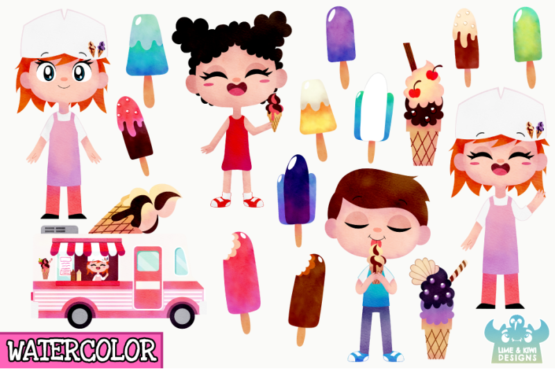 icecream-van-pink-watercolor-clipart-instant-download