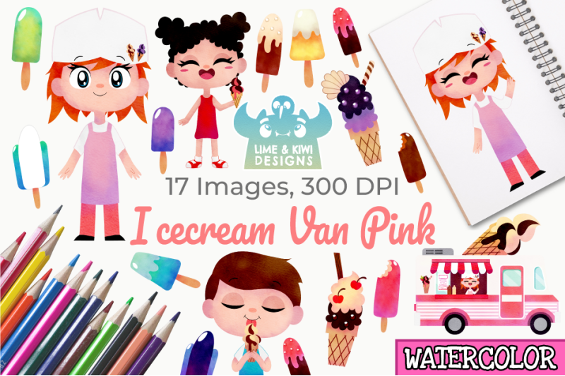 icecream-van-pink-watercolor-clipart-instant-download