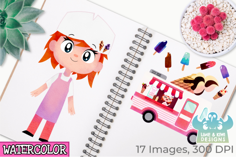 icecream-van-pink-watercolor-clipart-instant-download