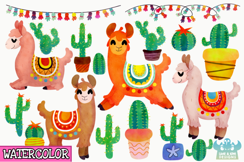 llamas-and-cacti-watercolor-clipart-instant-download