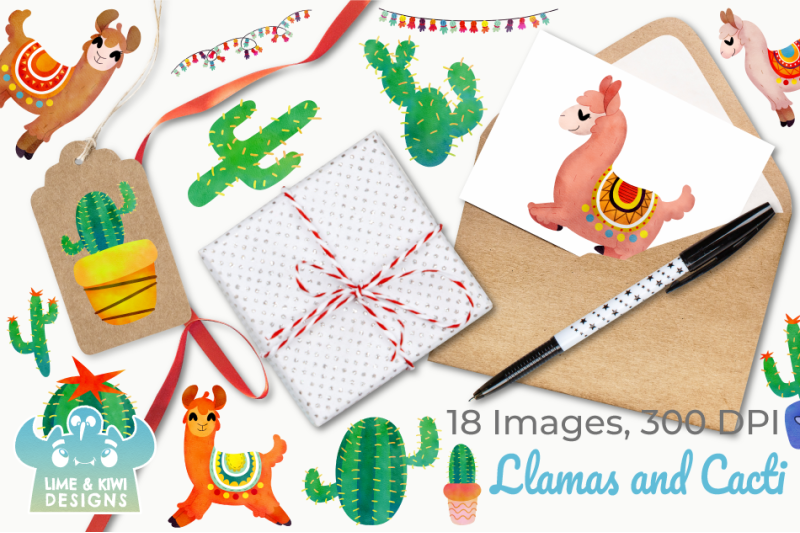 llamas-and-cacti-watercolor-clipart-instant-download