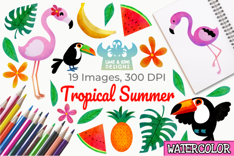 tropical-summer-watercolor-clipart-instant-download