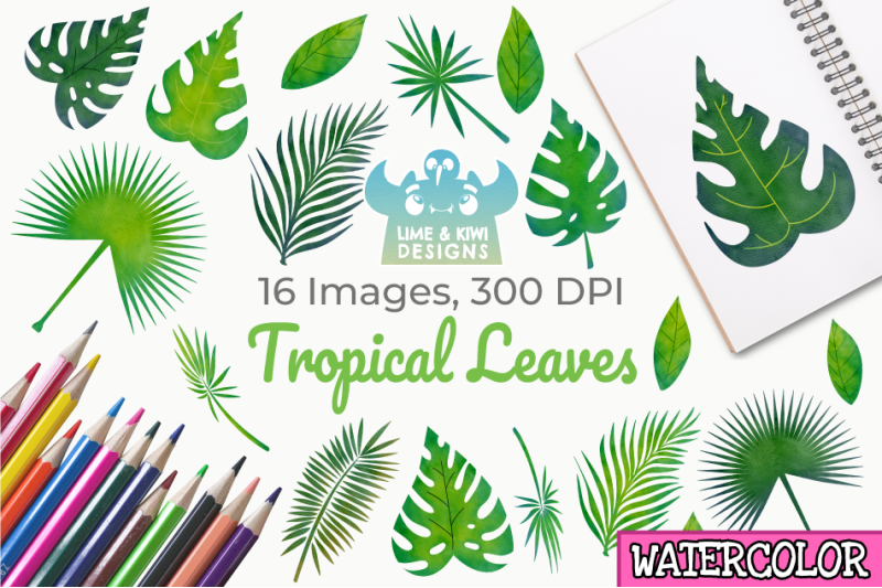 tropical-leaves-watercolor-clipart-instant-download