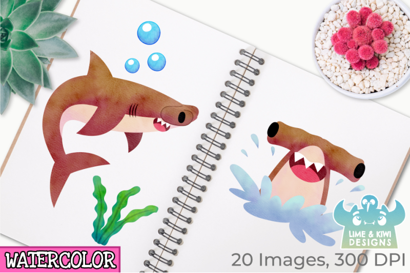 hammerhead-sharks-watercolor-clipart-instant-download