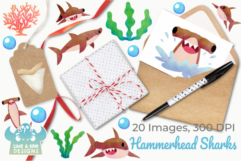 hammerhead-sharks-watercolor-clipart-instant-download
