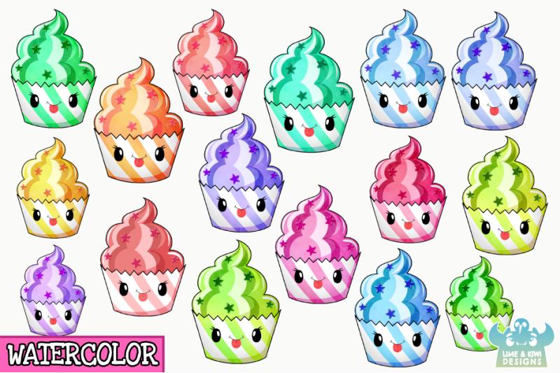 kawaii-cupcakes-watercolor-clipart-instant-download