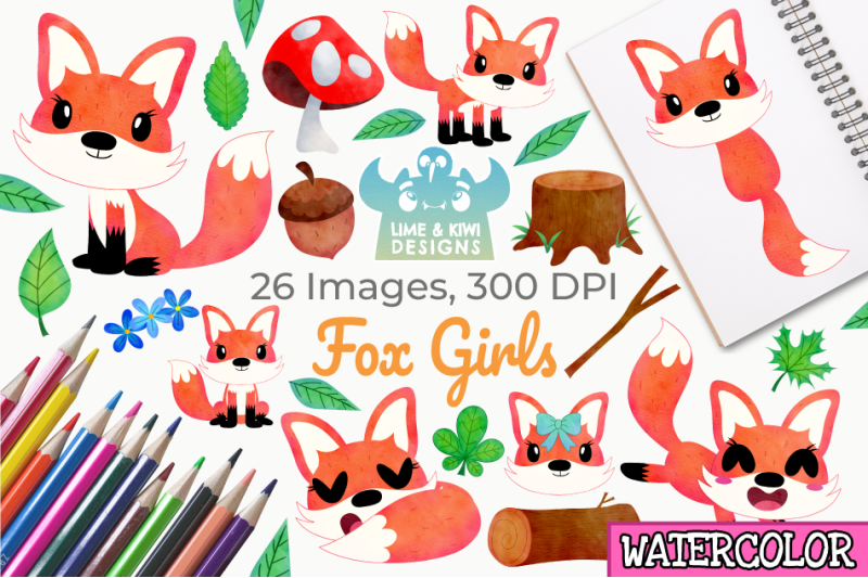 fox-girls-watercolor-clipart-instant-download-vector-art