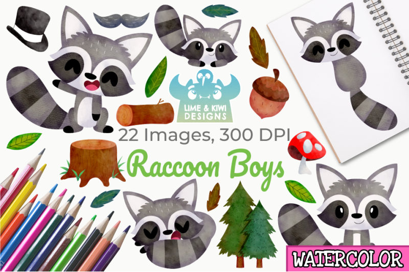 raccoon-boys-watercolor-clipart-instant-download-vector-art