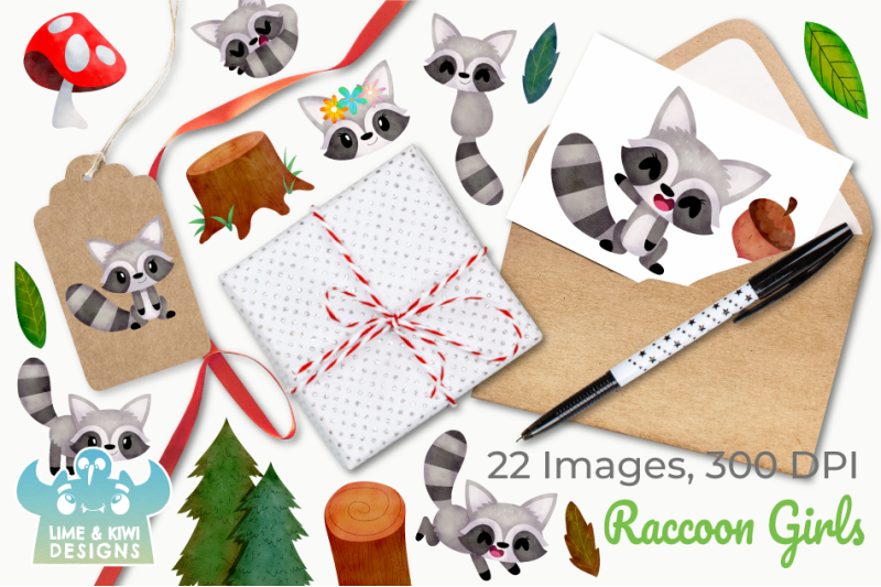 raccoon-girls-watercolor-clipart-instant-download