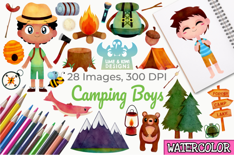camping-boys-watercolor-clipart-instant-download-vector-art